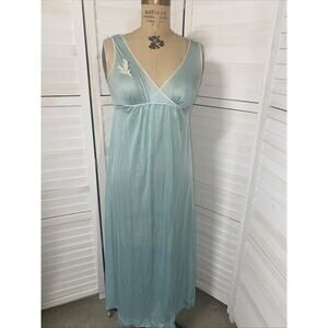 Vintage Kayser Slip Nightgown Ligerie Long Blue White Nylon Sz Medium